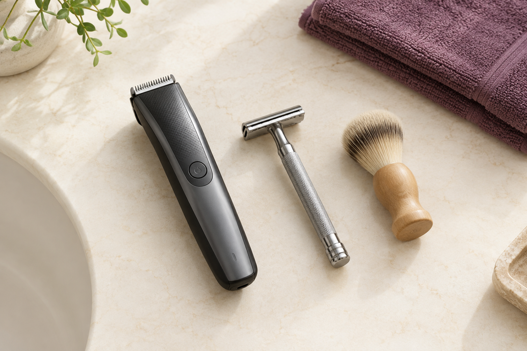Electric trimmer, metal safety razor, and wooden-handled shaving brush on an ivory countertop beside a folded plum towel.