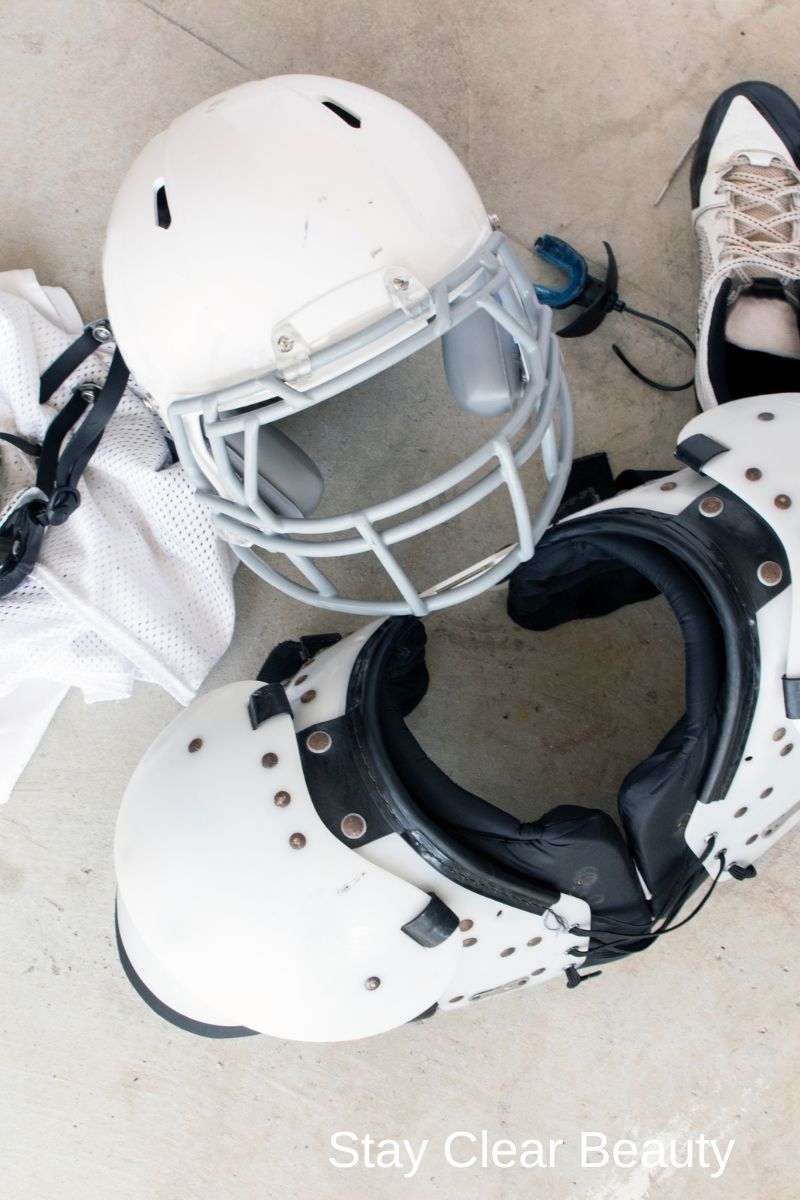 Professional and college football player skin care for irritation from helmets, chin straps, pads, and gear
