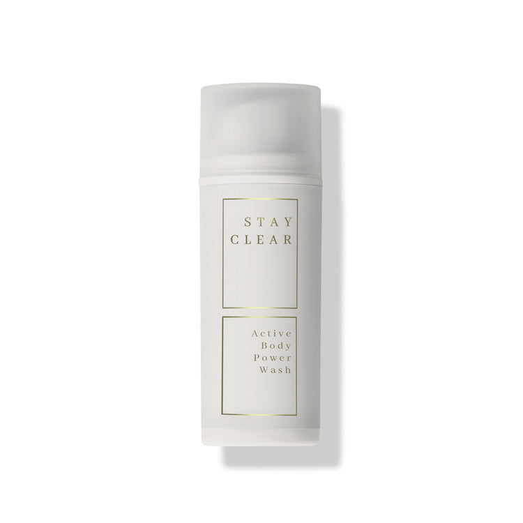 A hero shot of Stay Clear Active Body Wash, highlighting its invigorating formula designed to deeply cleanse and refresh the skin after intense physical activity.