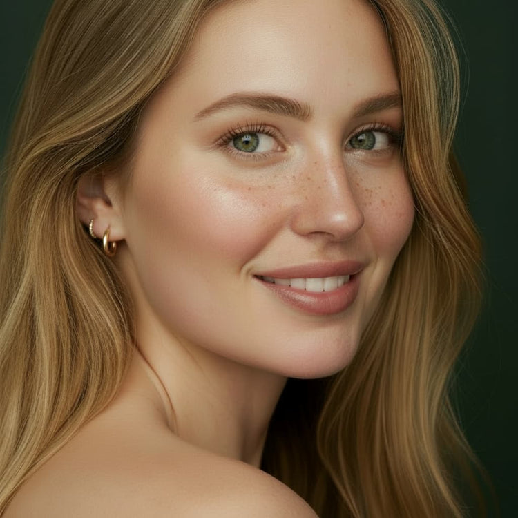 Stay Clear Beauty A Barrier First Kit — model with healthy, clear skin and natural freckles — barrier repair skincare routine for acne-prone, sensitive, and dehydrated skin