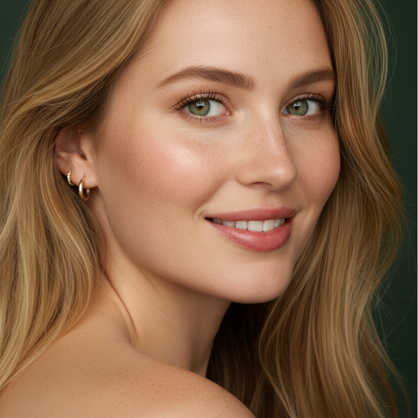 A close-up portrait of a smiling blonde woman with green eyes, wearing a small gold hoop earring, set against a dark green background.