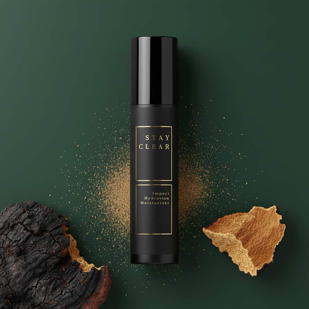 Stay Clear Beauty Impact Hydration Moisturizer bottle surrounded by chaga mushroom pieces on a forest green background — barrier-sealing moisturizer for dehydrated, sensitive, and acne-prone skin.
