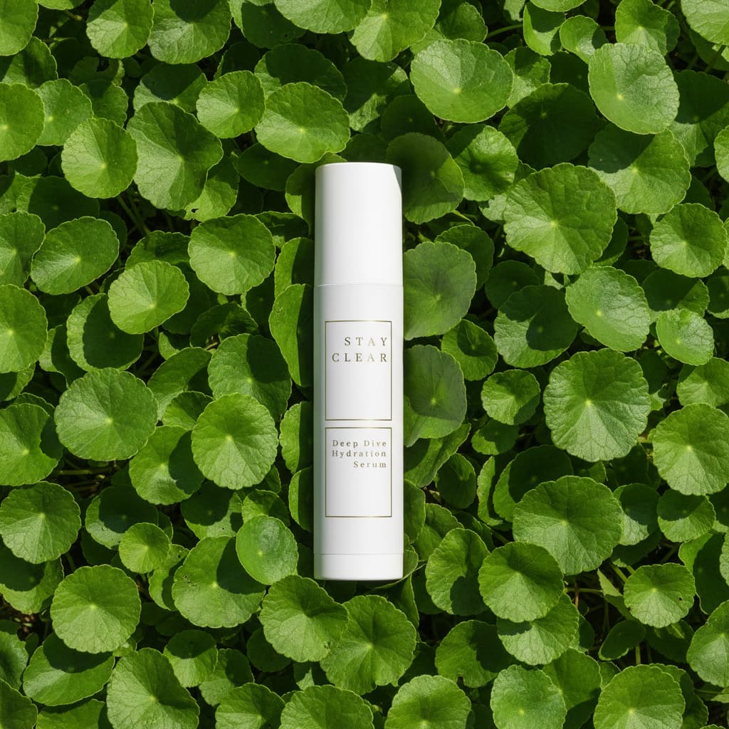 Stay Clear Beauty Deep Dive Hydration Serum surrounded by fresh Centella Asiatica leaves on a botanical flat lay — hydrating serum for dehydrated skin, acne-prone skin, and compromised skin barrier.
