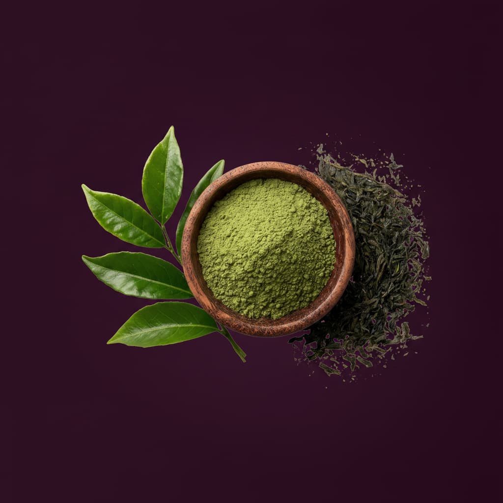 Dried green tea leaves and loose tea representing Green Tea Extract (Camellia Sinensis) in Stay Clear Beauty Deep Dive Hydration Serum, antioxidant ingredient that soothes inflammation and protects against environmental stress in this hydrating serum for dehydrated, acne-prone, and sensitive skin.
