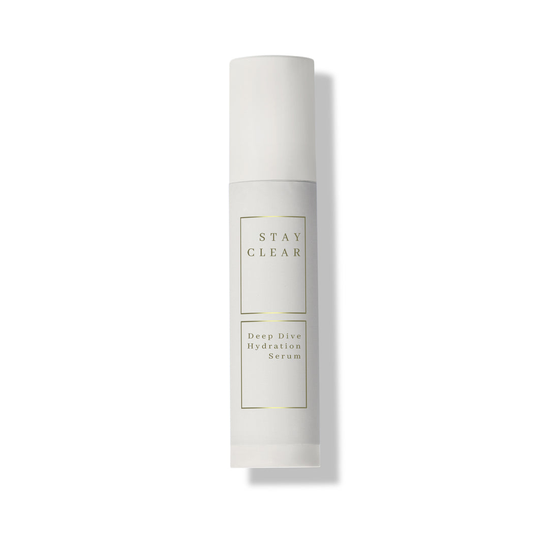 Stay Clear Beauty Deep Dive Hydration Serum airless pump bottle on a clean background — lightweight hydrating serum for dehydrated skin, acne-prone skin, and compromised skin barrier.
