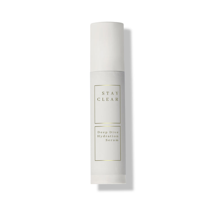 Stay Clear Beauty Deep Dive Hydration Serum airless pump bottle on a clean background — lightweight hydrating serum for dehydrated skin, acne-prone skin, and compromised skin barrier.
