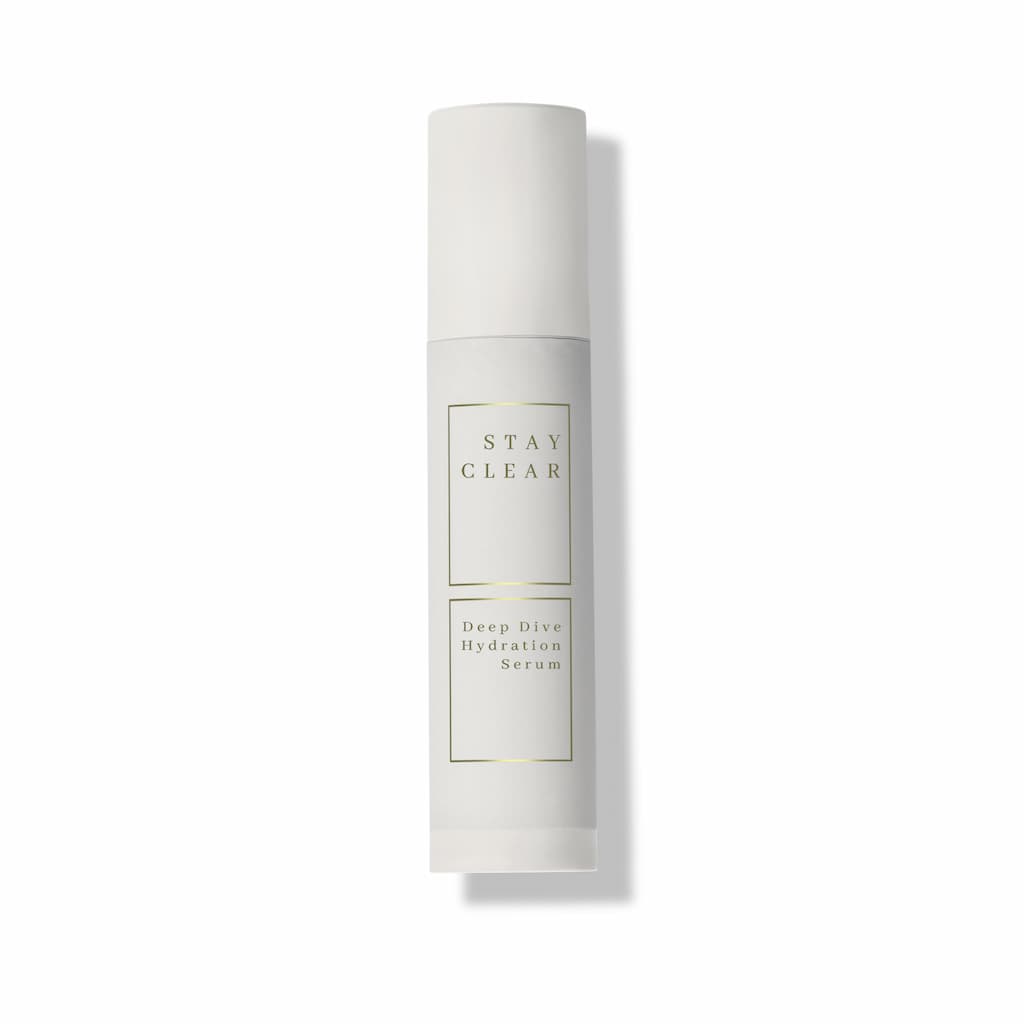 Stay Clear Beauty Deep Dive Hydration Serum airless pump bottle on a clean background — lightweight hydrating serum for dehydrated skin, acne-prone skin, and compromised skin barrier.
