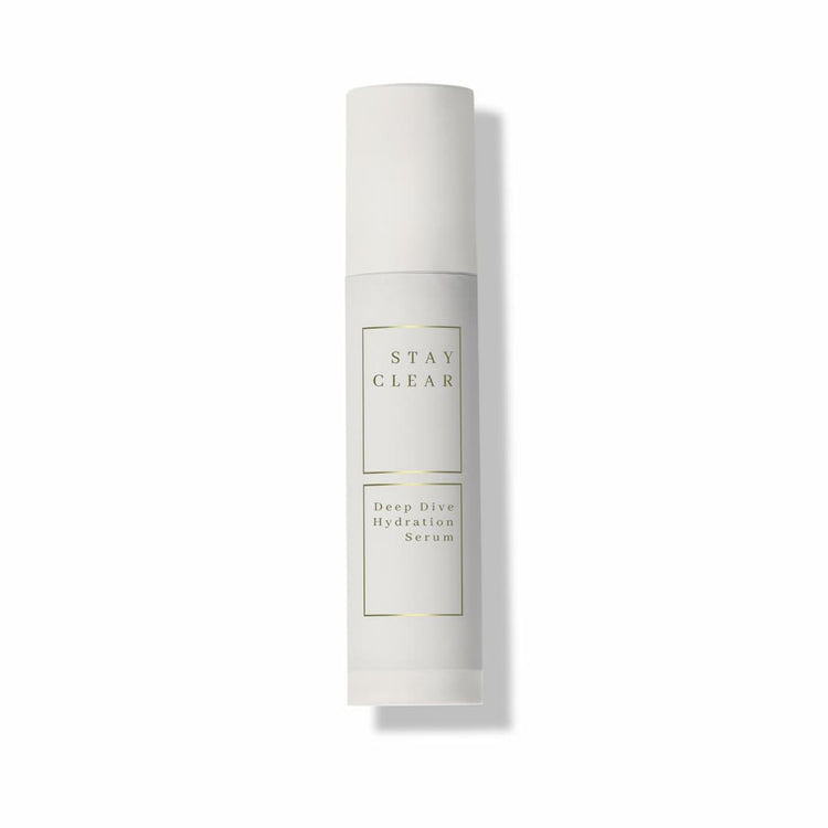 Stay Clear Beauty Deep Dive Hydration Serum airless pump bottle on a clean background — lightweight hydrating serum for dehydrated skin, acne-prone skin, and compromised skin barrier.
