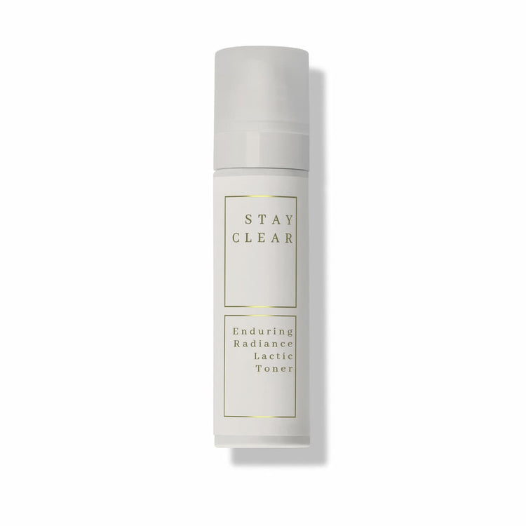 Stay Clear Beauty Enduring Radiance Lactic Toner bottle on neutral background — lactic acid toner for brightening, gentle exfoliation, uneven skin tone, and sensitive acne-prone skin.
