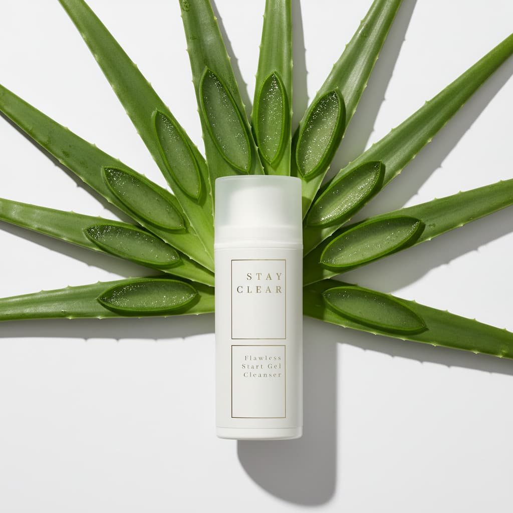 Stay Clear Beauty Flawless Start Gel Cleanser with fanned aloe vera leaves on a botanical flat lay — highlighting aloe vera as a key hydrating ingredient in this sulfate-free cleanser for dry skin, sensitive skin, acne-prone skin, redness, and skin barrier repair.