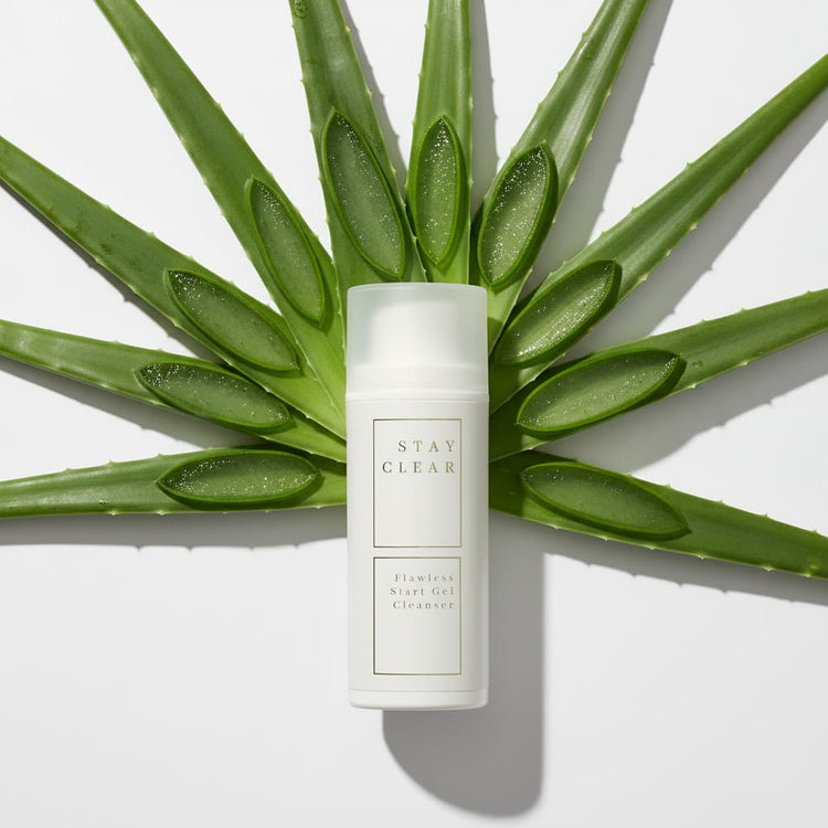 Stay Clear Beauty Flawless Start Gel Cleanser with fanned aloe vera leaves on a botanical flat lay — highlighting aloe vera as a key hydrating ingredient in this sulfate-free cleanser for dry skin, sensitive skin, acne-prone skin, redness, and skin barrier repair.