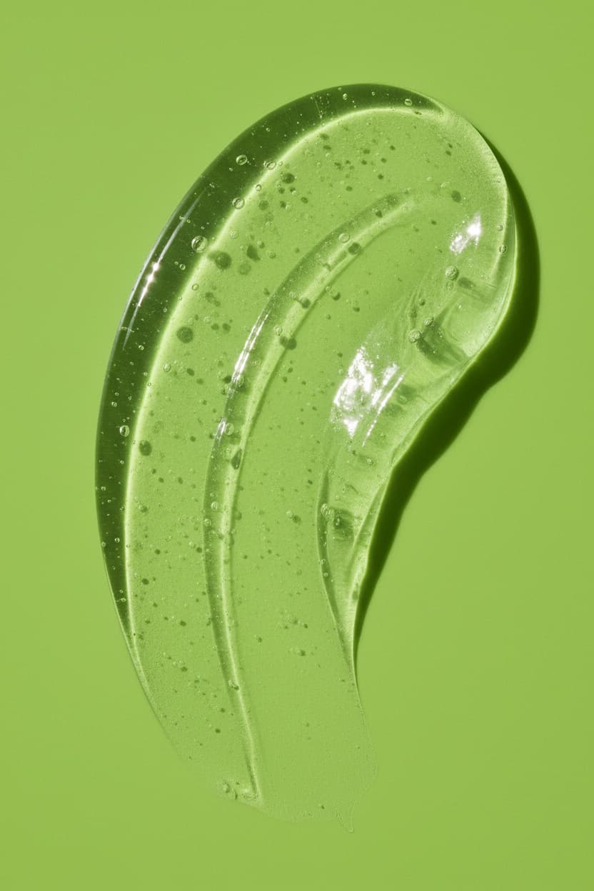 Stay Clear Beauty Flawless Start Gel Cleanser gel texture swatch on an aloe green background — highlighting the lightweight, low-suds formula of this sulfate-free cleanser for sensitive skin, acne-prone skin, redness, and skin barrier repair.

