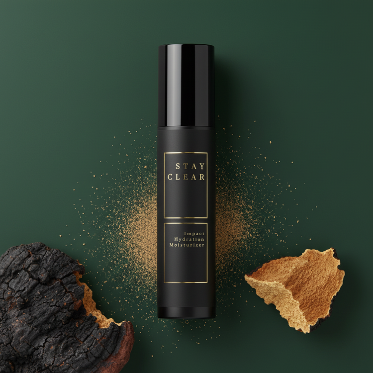 Stay Clear Beauty Impact Hydration Moisturizer bottle surrounded by chaga mushroom pieces on a forest green background — barrier-sealing moisturizer for dehydrated, sensitive, and acne-prone skin.
