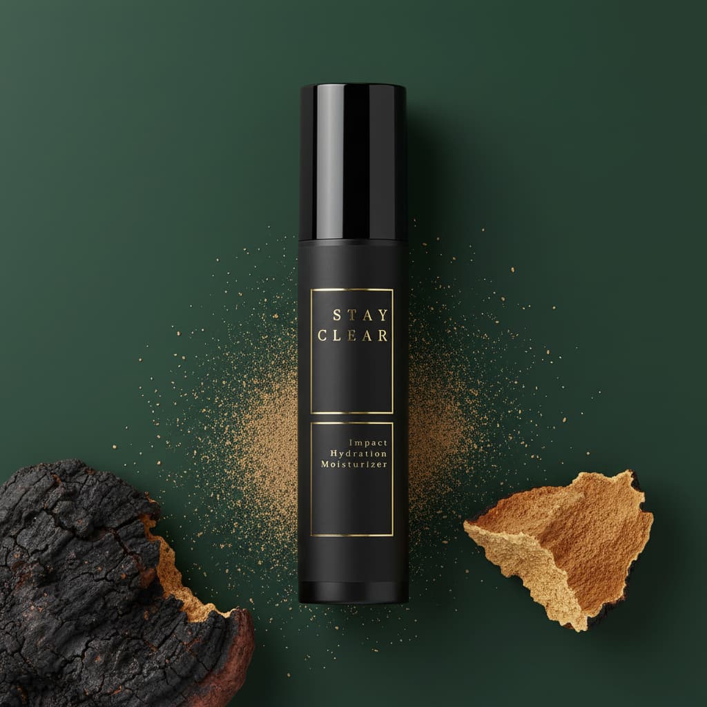 Stay Clear Beauty Impact Hydration Moisturizer bottle surrounded by chaga mushroom pieces on a forest green background — barrier moisturizer for dehydrated, sensitive, and acne-prone skin.
