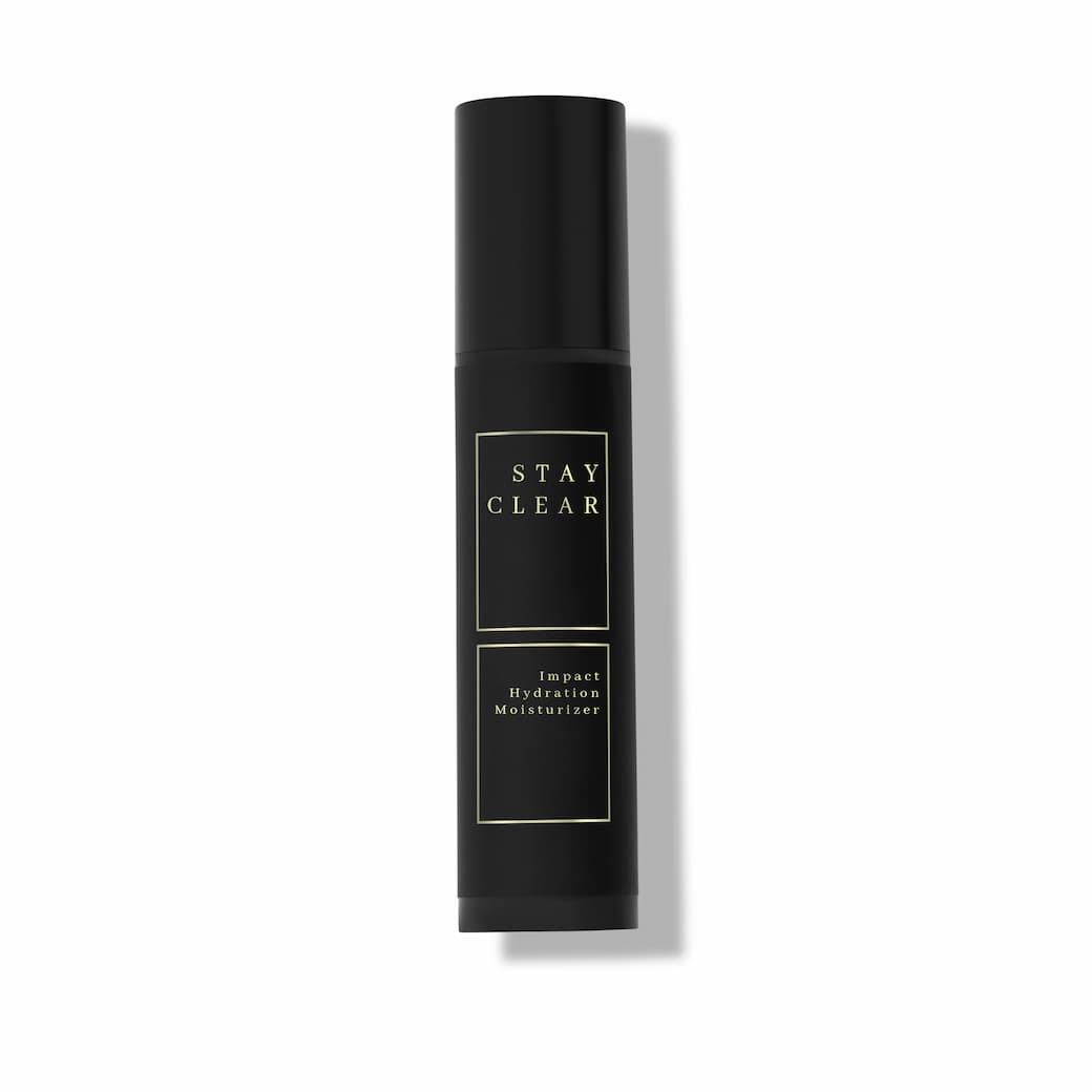 Stay Clear Beauty Impact Hydration Moisturizer bottle on neutral background — chaga mushroom barrier moisturizer for dehydrated, sensitive, and acne-prone skin.
