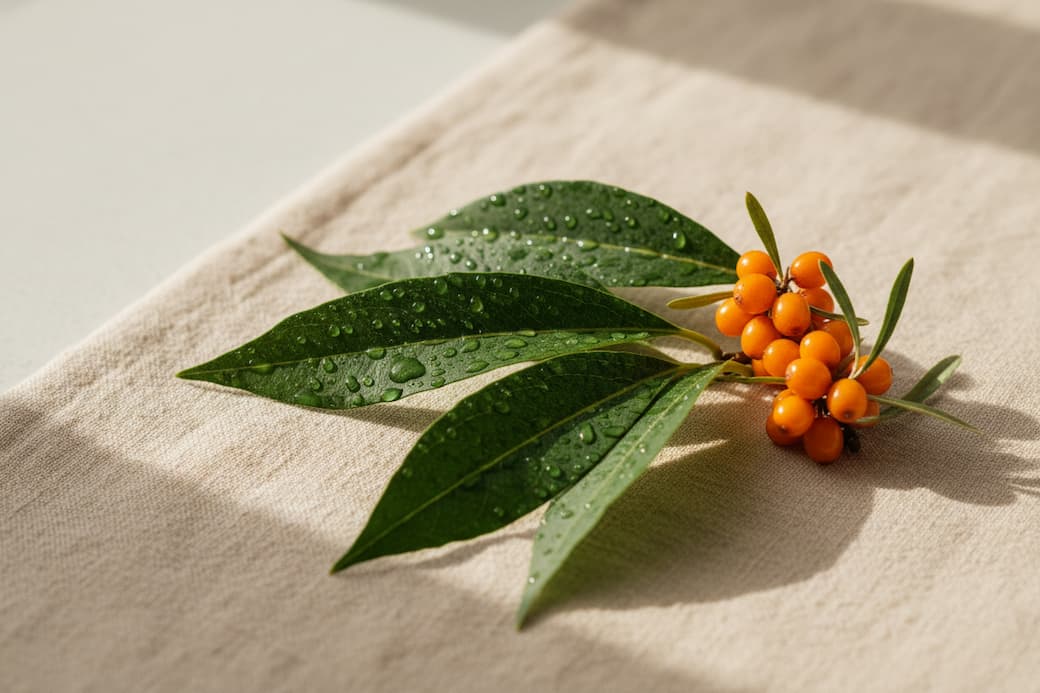 Fresh sea buckthorn branch with orange berries and green leaves — Stay Clear Beauty Impact Hydration Moisturizer key botanical ingredient for skin barrier repair and hydration.
