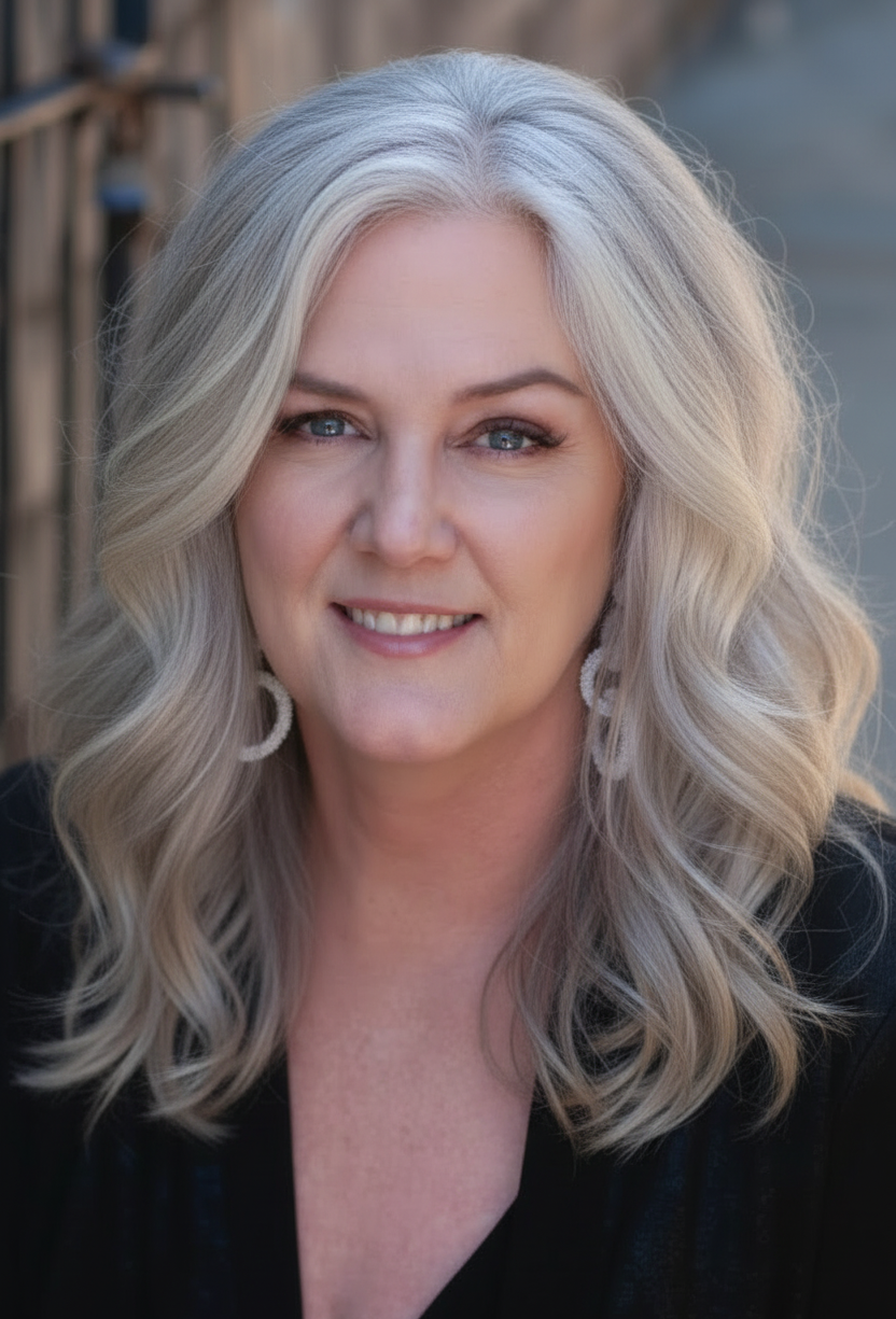 Cora, founder of Stay Clear Beauty — licensed esthetician and acne specialist with grey hair, smiling portrait