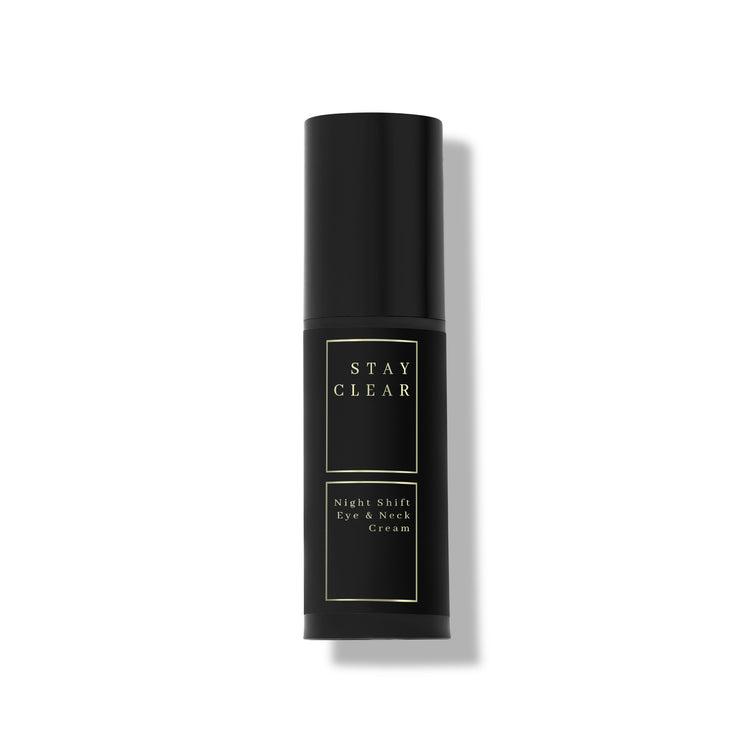 Stay Clear Beauty Night Shift Eye & Neck Cream hero shot highlighting its advanced formula designed to firm and rejuvenate delicate skin — eye cream and neck cream for fine lines, wrinkles, sagging skin, and dark circles.

