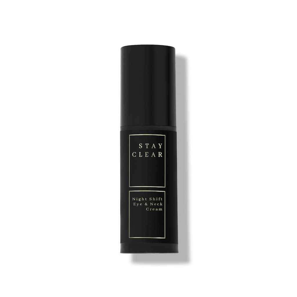 Stay Clear Beauty Night Shift Eye & Neck Cream hero shot highlighting its advanced formula designed to firm and rejuvenate delicate skin — eye cream and neck cream for fine lines, wrinkles, sagging skin, and dark circles.
