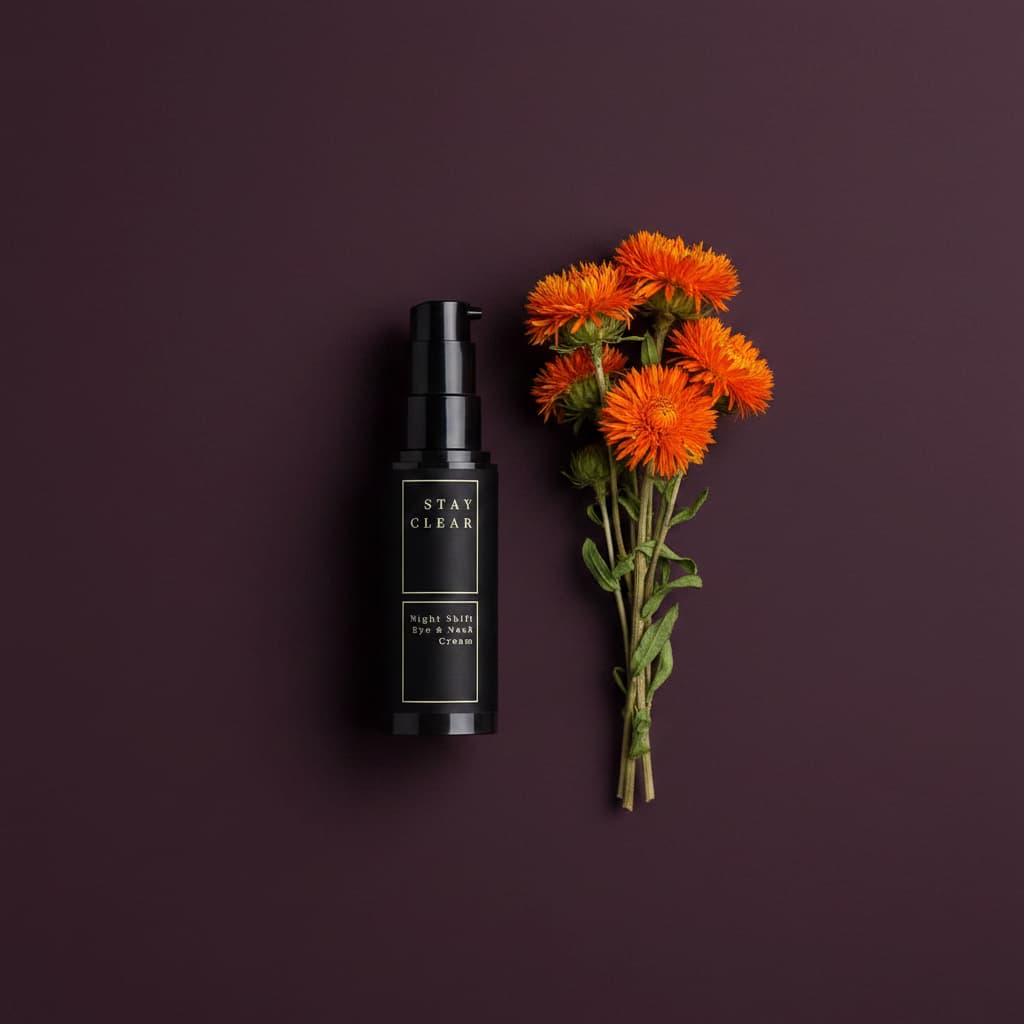 Stay Clear Beauty Night Shift Eye & Neck Cream black bottle with a bouquet of orange safflower flowers on a deep plum background — firming eye cream and neck cream for fine lines, wrinkles, sagging skin, and dark circles.