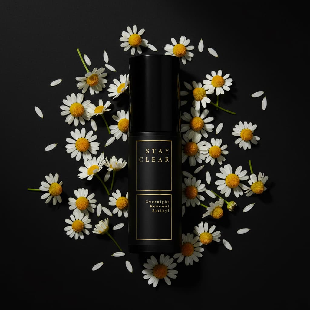 Stay Clear Beauty Overnight Renewal Retinyl bottle surrounded by fresh chamomile flowers on a dark background — retinaldehyde night treatment for skin renewal, fine lines, uneven texture, and acne-prone skin.
