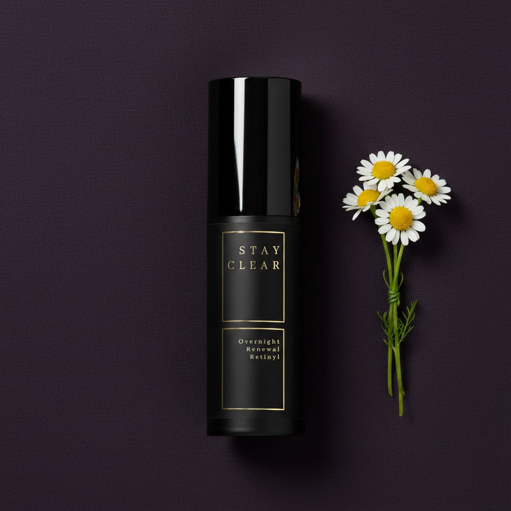 Stay Clear Beauty Overnight Renewal Retinyl bottle with chamomile flowers on a dark background — retinyl palmitate night treatment for clogged pores, cell turnover, and acne-prone skin.