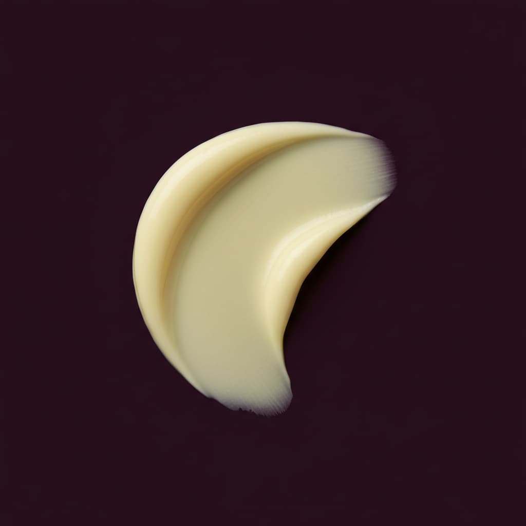 Stay Clear Beauty Overnight Renewal Retinyl cream texture swatch on dark plum background — retinaldehyde night treatment for skin renewal, fine lines, uneven texture, and acne-prone skin.
