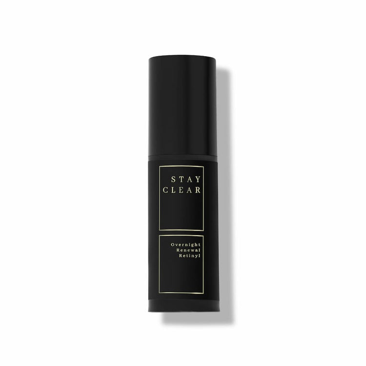 Stay Clear Beauty Overnight Renewal Retinyl bottle on neutral background — retinaldehyde night treatment for skin renewal, fine lines, uneven texture, post-acne marks, and acne-prone skin.
