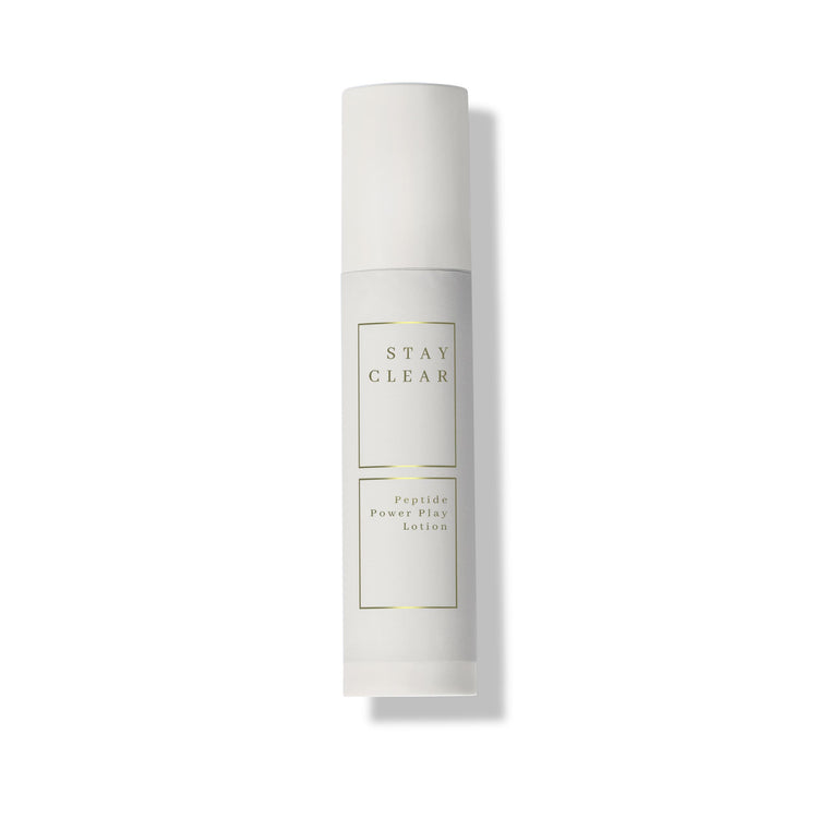 Stay Clear Beauty Peptide Power Play Lotion bottle on neutral background — copper peptide moisturizer for skin firmness, fine lines, anti-aging, and acne-prone skin.
