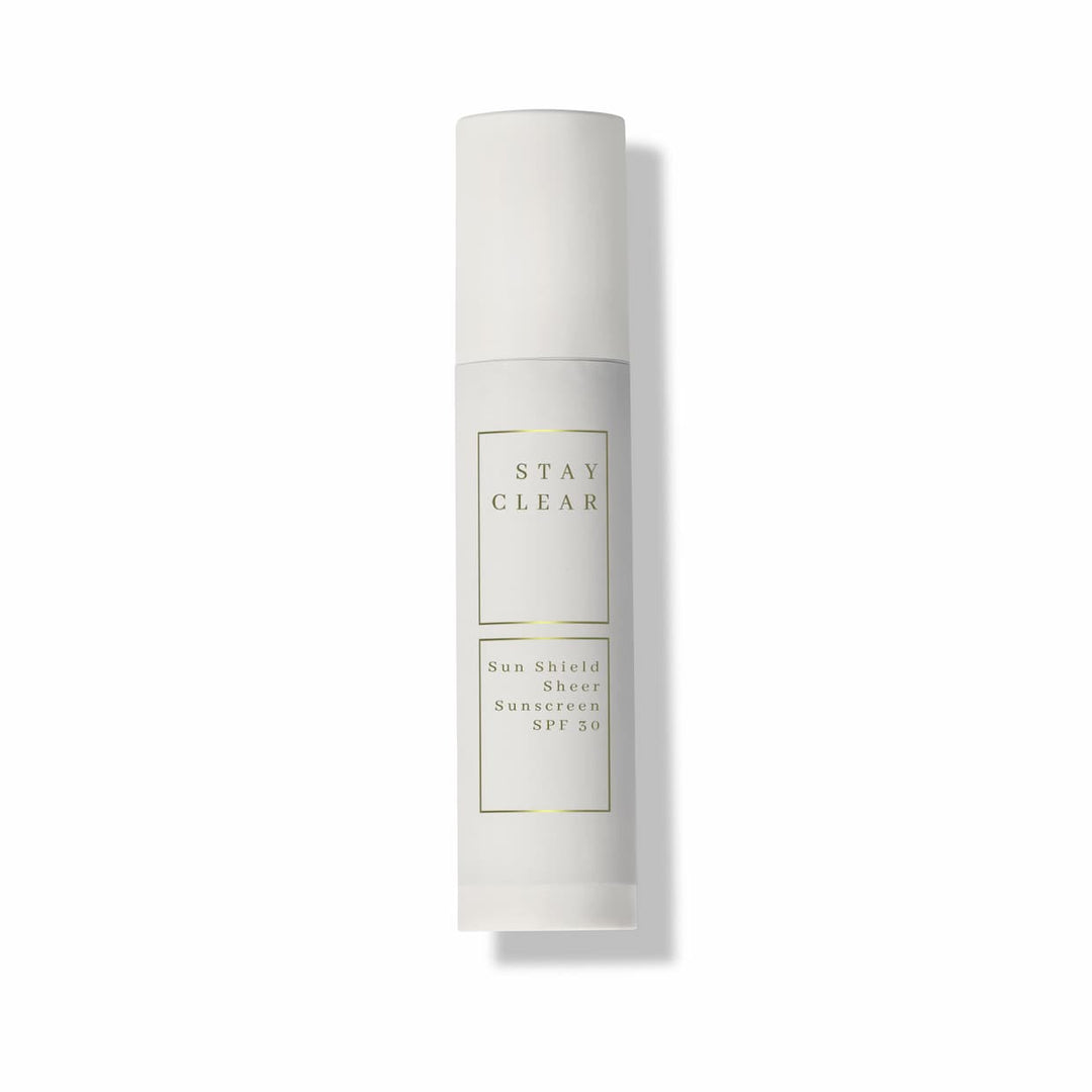 A hero shot of Stay Clear Sun Shield Sheer Sunscreen SPF 30, highlighting its lightweight, broad-spectrum protection designed to shield the skin from harmful UVA and UVB rays while maintaining a sheer, natural finish.