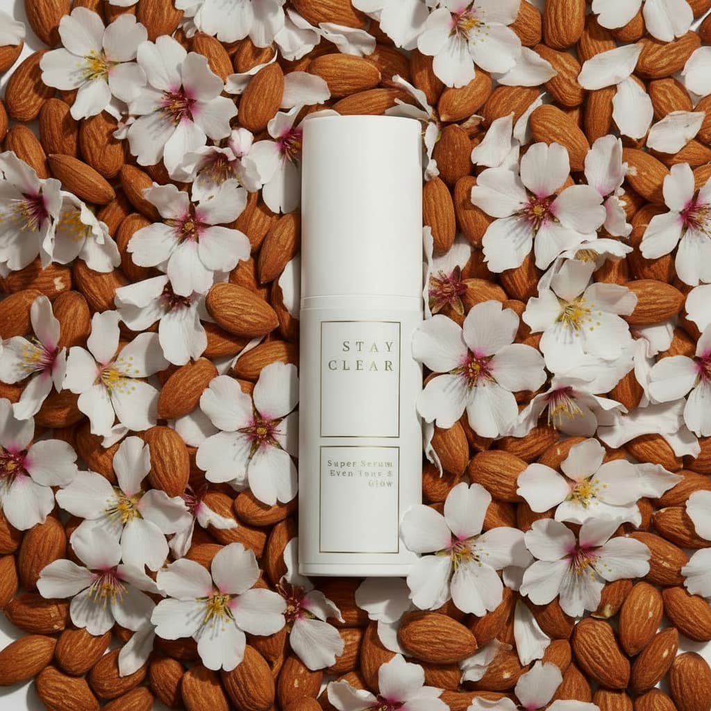 Stay Clear Beauty Super Serum Even Tone & Glow Sensitive surrounded by almond blossoms and botanicals on a flat lay — brightening serum for dark spots, post-acne marks, hyperpigmentation, and sensitive skin.
