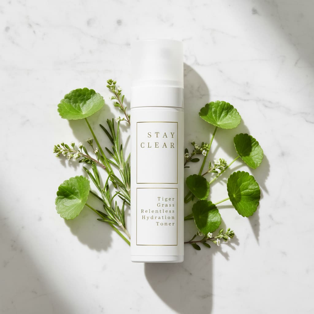 Stay Clear Beauty Tiger Grass Relentless Hydration Toner bottle surrounded by fresh tiger grass leaves and botanicals on a marble surface, soothing toner for sensitive skin, redness, moisture balance, and compromised skin barrier.
