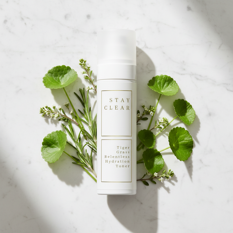 Stay Clear Beauty Tiger Grass Relentless Hydration Toner bottle surrounded by fresh tiger grass leaves and botanicals on a marble surface, soothing toner for sensitive skin, redness, moisture balance, and compromised skin barrier.
