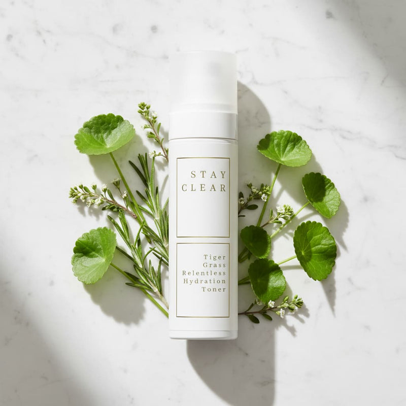 Stay Clear Beauty Tiger Grass Relentless Hydration Toner botanical flat lay on marble with Centella asiatica leaves — hydrating toner for sensitive skin, redness, rosacea, and compromised skin barrier.