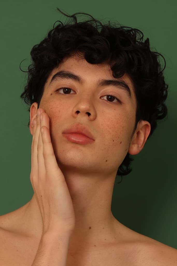 Young man with clear, hydrated skin touching his face against a green background showing results of Stay Clear Beauty Tiger Grass Relentless Hydration Toner — toner for sensitive skin, dehydrated skin, redness, and moisture balance.
