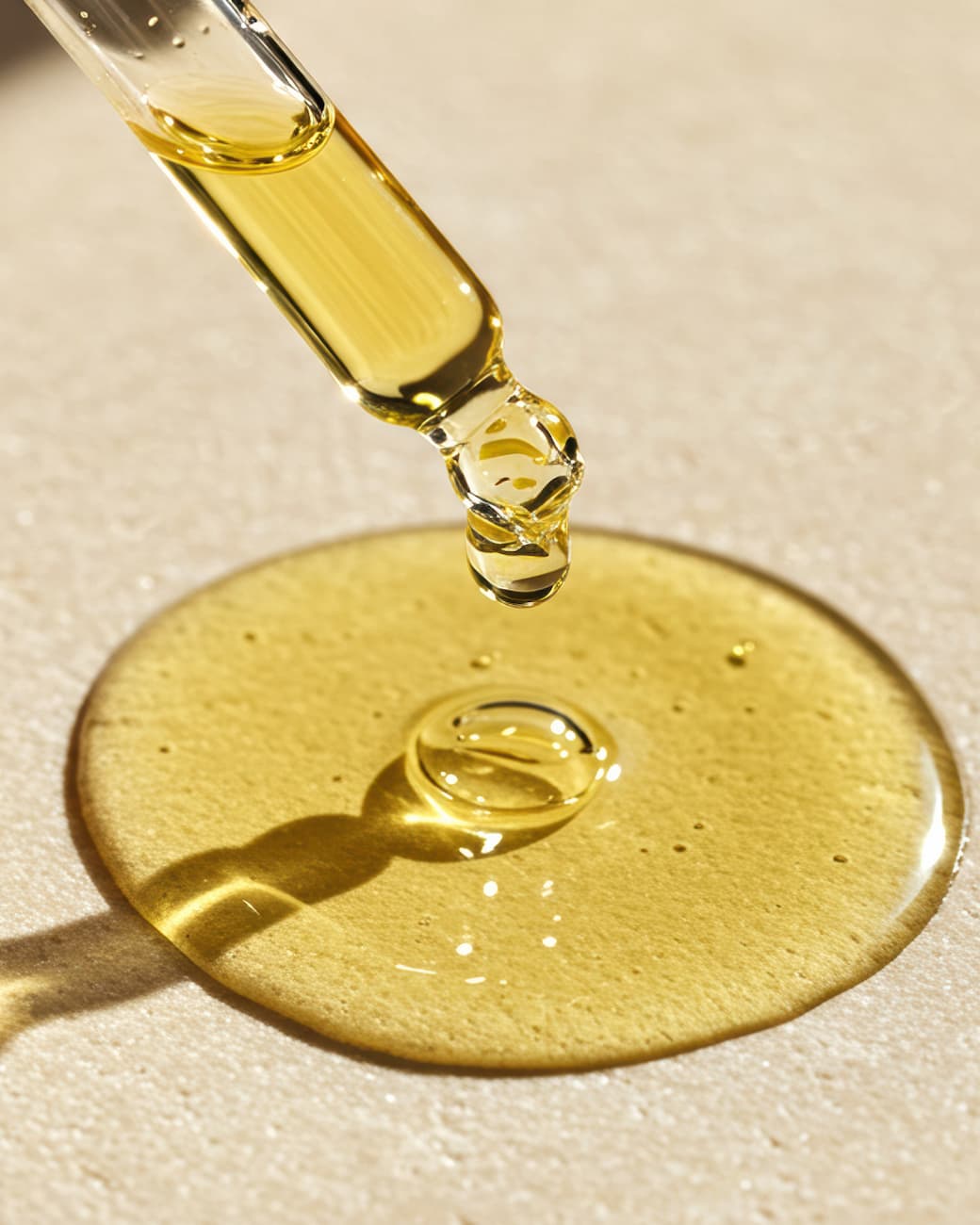 Dropper dispensing Stay Clear Beauty Triple Impact Brighten & Glow Serum showing its lightweight, slightly yellow clear texture — vitamin C serum with Oligopeptide-68 for dark spots, hyperpigmentation, post-acne marks, and uneven skin tone.