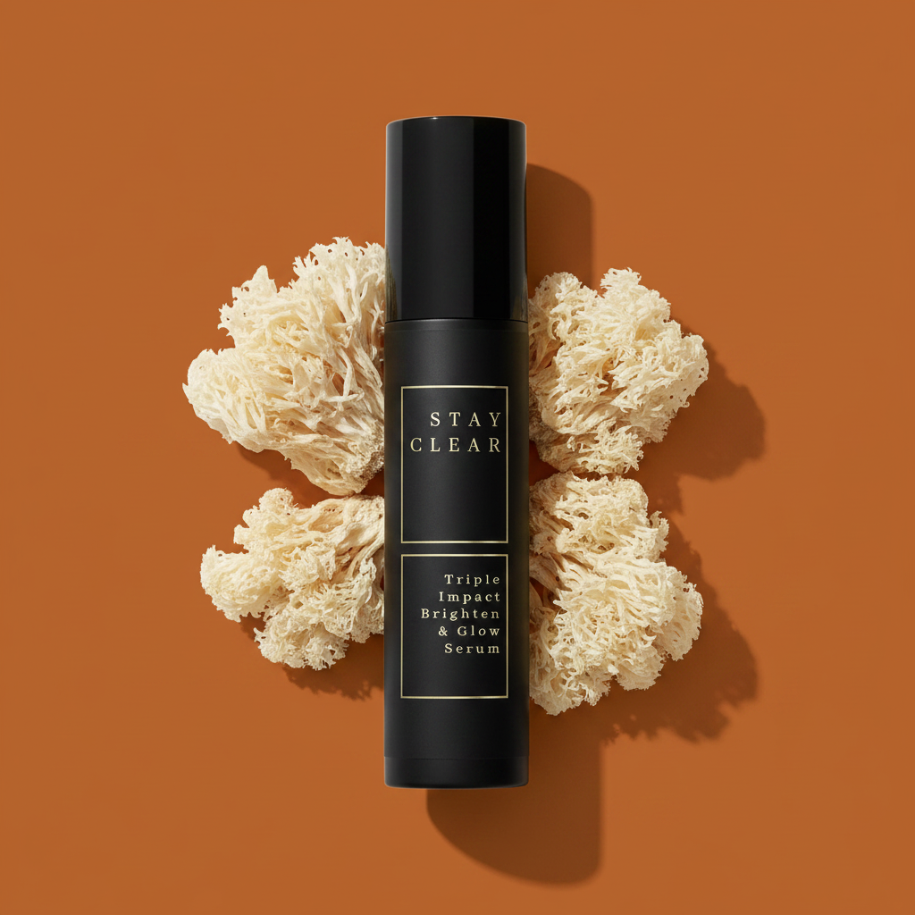 Stay Clear Beauty Triple Impact Brighten &amp; Glow Serum matte black airless pump bottle flat lay with snow mushrooms on burnt orange background — brightening serum for dark spots, age spots, post-acne marks, hyperpigmentation, and uneven skin tone.