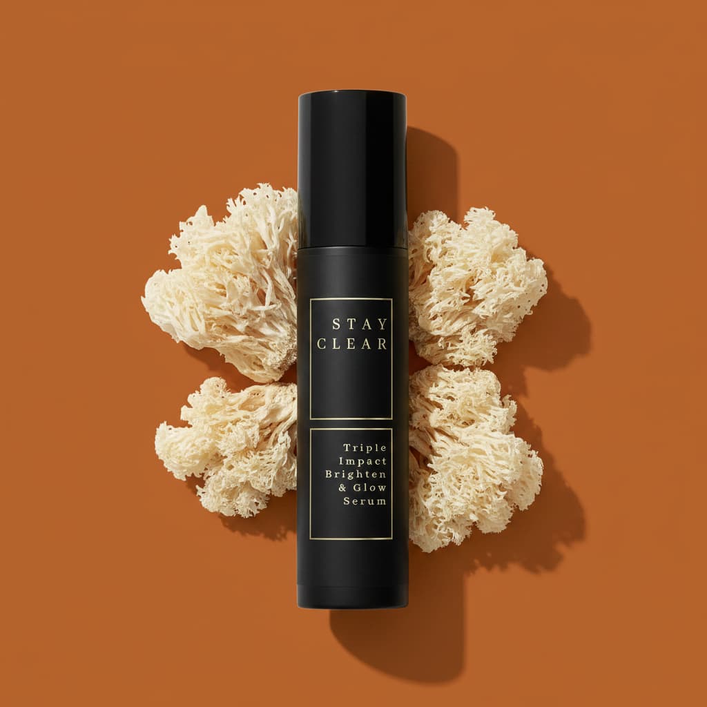Stay Clear Beauty Triple Impact Brighten & Glow Serum matte black airless pump bottle flat lay with snow mushrooms on burnt orange background — brightening serum for dark spots, age spots, post-acne marks, hyperpigmentation, and uneven skin tone.