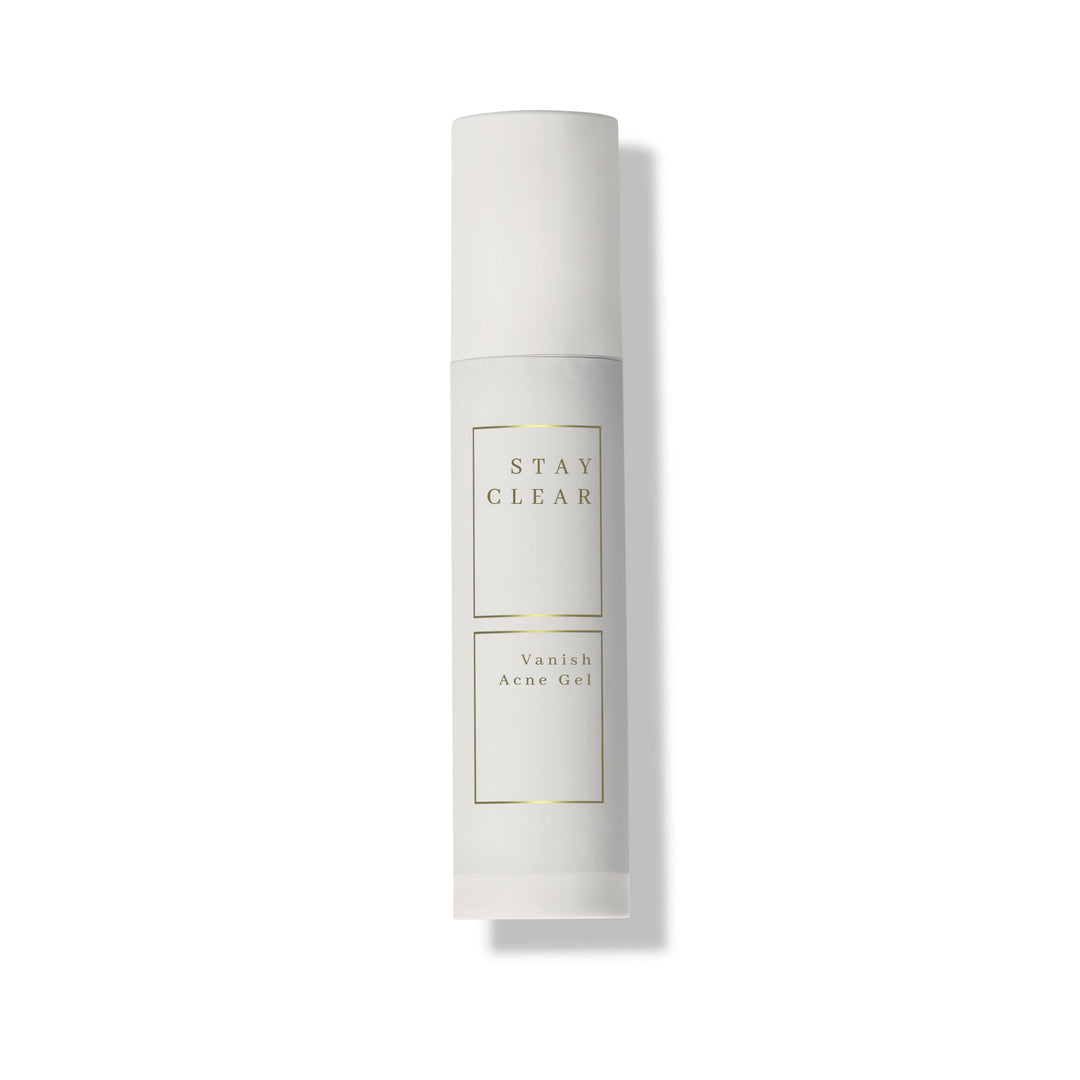 Stay Clear Beauty Vanish Acne Gel bottle on a white background — benzoyl peroxide acne treatment for active breakouts, inflamed acne, and acne-prone skin.