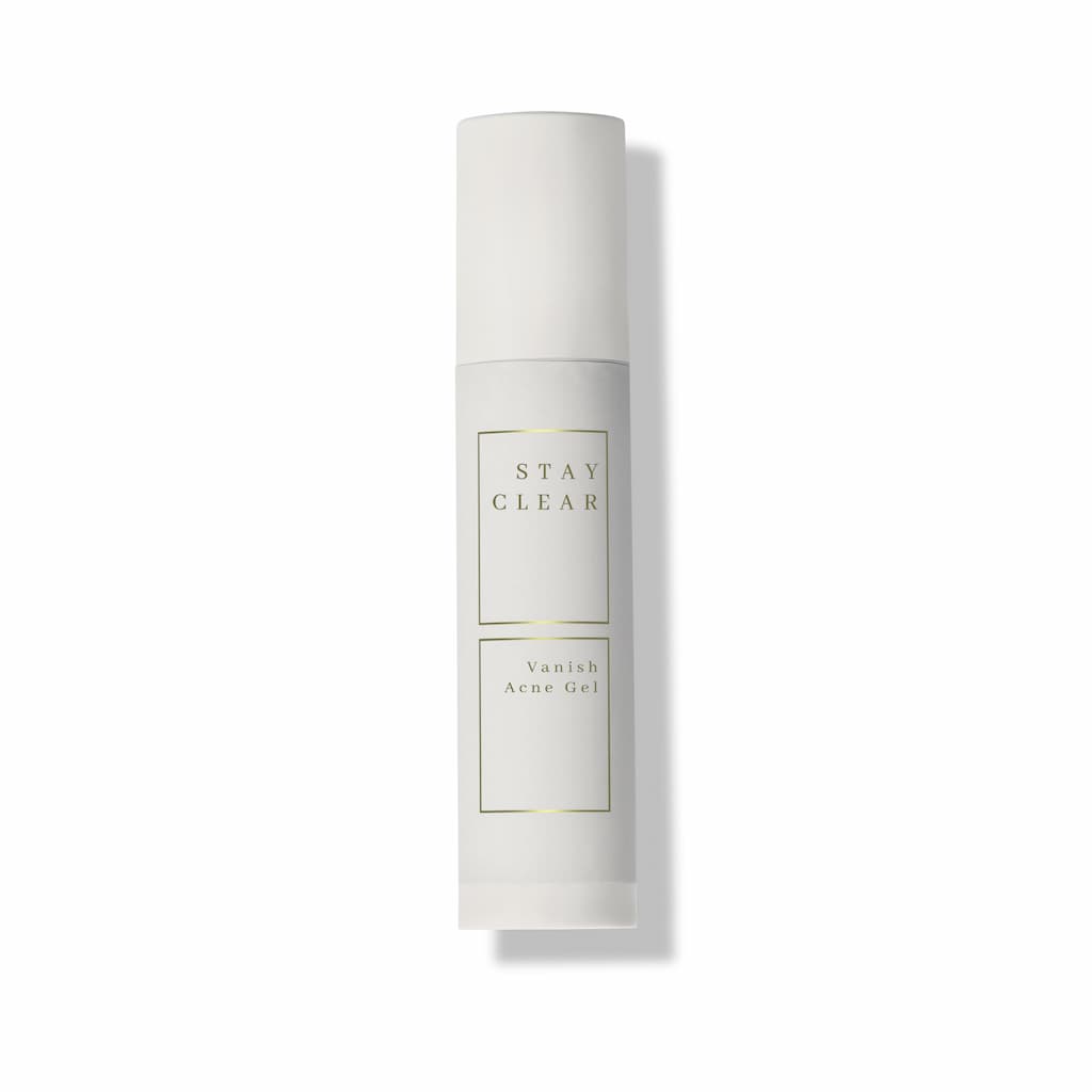 Stay Clear Beauty Vanish Acne Gel bottle on a white background — benzoyl peroxide acne treatment for active breakouts, inflamed acne, and acne-prone skin.