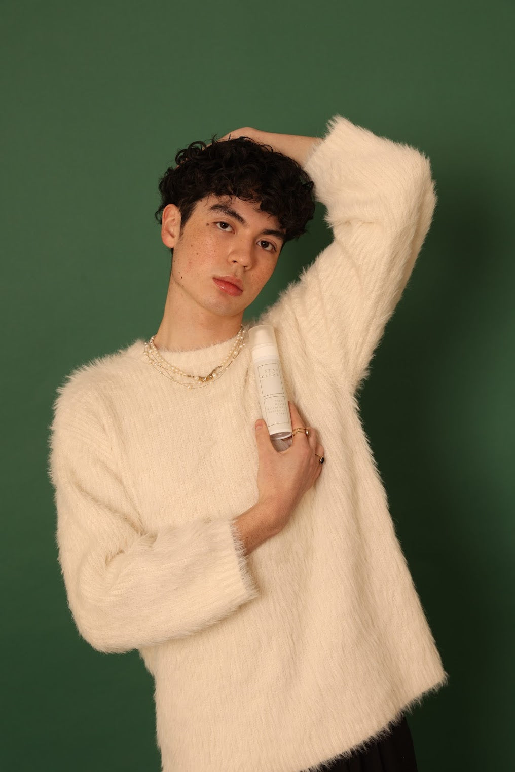 A man holding Stay Clear Tiger Grass Relentless Hydration Toner, showcasing its deeply hydrating and soothing benefits for sensitive and moisture-depleted skin.