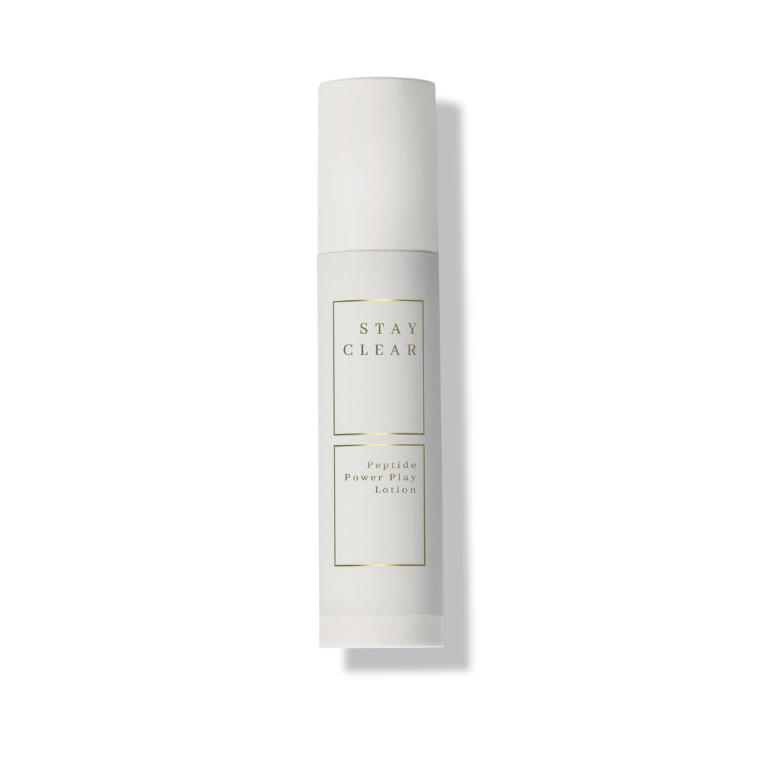 A hero shot of Stay Clear Peptide Power Play Lotion, highlighting its peptide-rich formula designed to enhance skin firmness, reduce fine lines, and provide deep hydration for a youthful complexion.