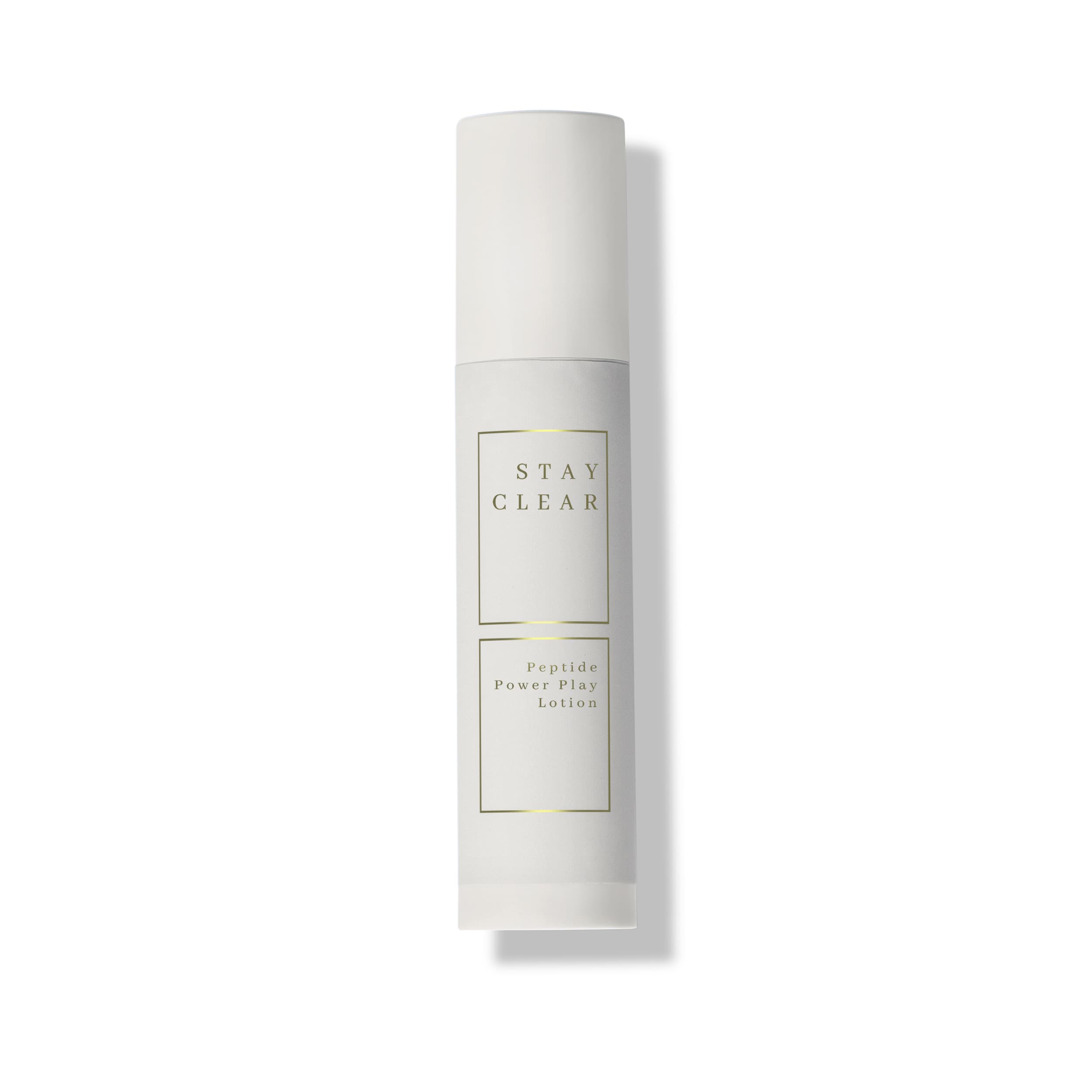 A hero shot of Stay Clear Peptide Power Play Lotion, highlighting its peptide-rich formula designed to enhance skin firmness, reduce fine lines, and provide deep hydration for a youthful complexion.