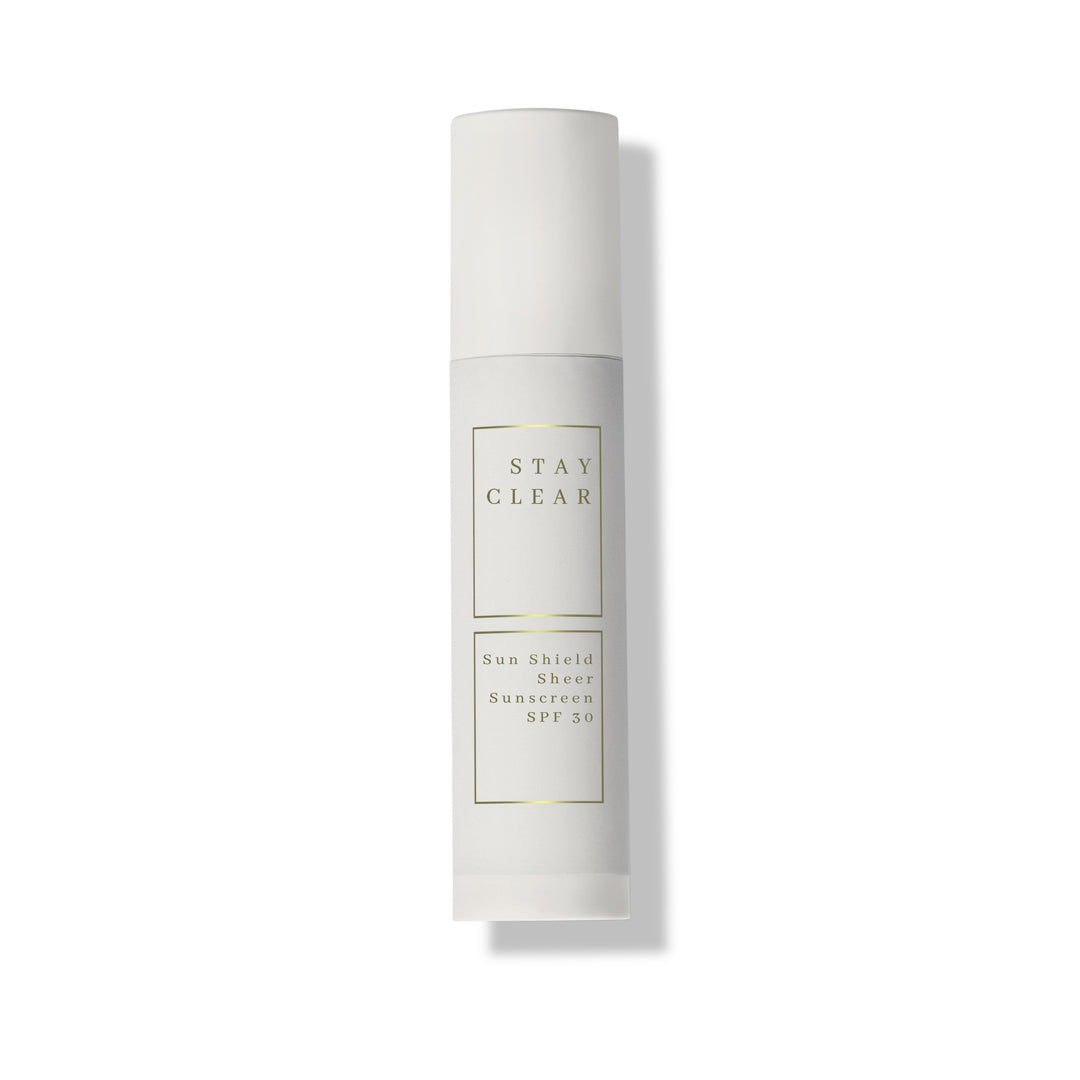 A hero shot of Stay Clear Sun Shield Sheer Sunscreen SPF 30, highlighting its lightweight, broad-spectrum protection designed to shield the skin from harmful UVA and UVB rays while maintaining a sheer, natural finish.