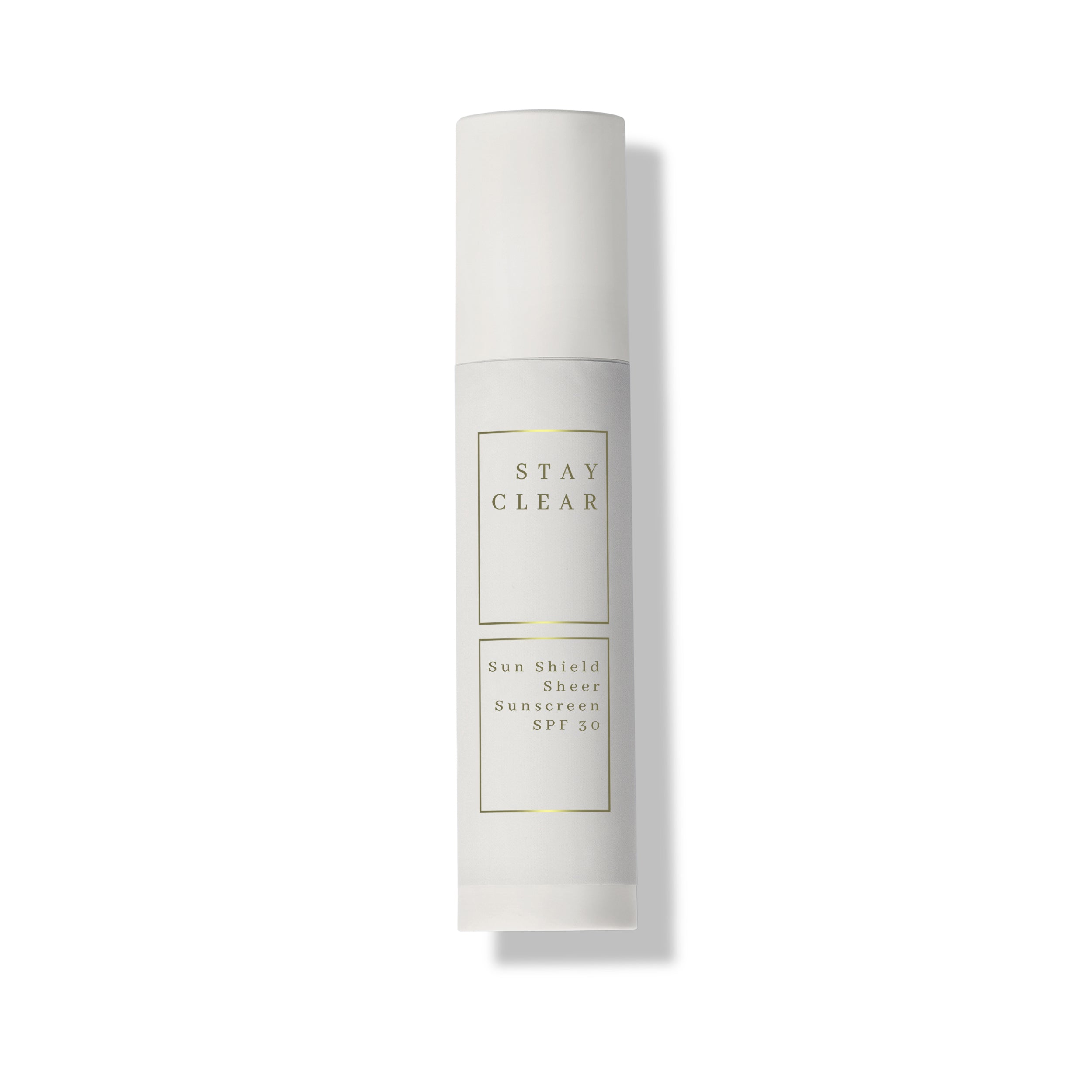 A hero shot of Stay Clear Sun Shield Sheer Sunscreen SPF 30, highlighting its lightweight, broad-spectrum protection designed to shield the skin from harmful UVA and UVB rays while maintaining a sheer, natural finish.