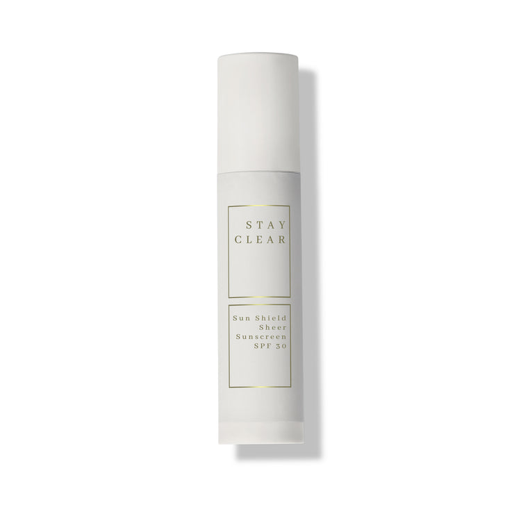 A hero shot of Stay Clear Sun Shield Sheer Sunscreen SPF 30, highlighting its lightweight, broad-spectrum protection designed to shield the skin from harmful UVA and UVB rays while maintaining a sheer, natural finish.