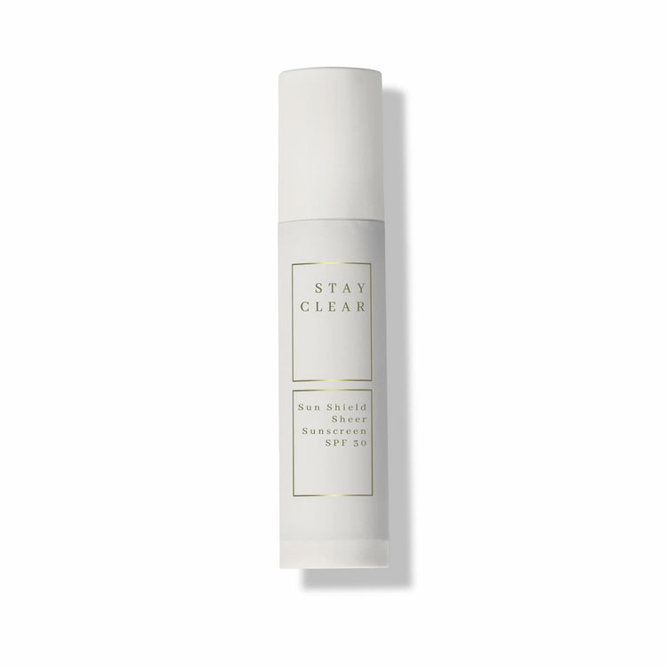 A hero shot of Stay Clear Sun Shield Sheer Sunscreen SPF 30, highlighting its lightweight, broad-spectrum protection designed to shield the skin from harmful UVA and UVB rays while maintaining a sheer, natural finish.