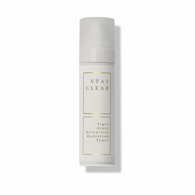 Stay Clear Beauty Tiger Grass Relentless Hydration Toner hero shot highlighting its deeply hydrating and soothing formula, toner for sensitive skin, moisture balance, redness, and compromised skin barrier.
