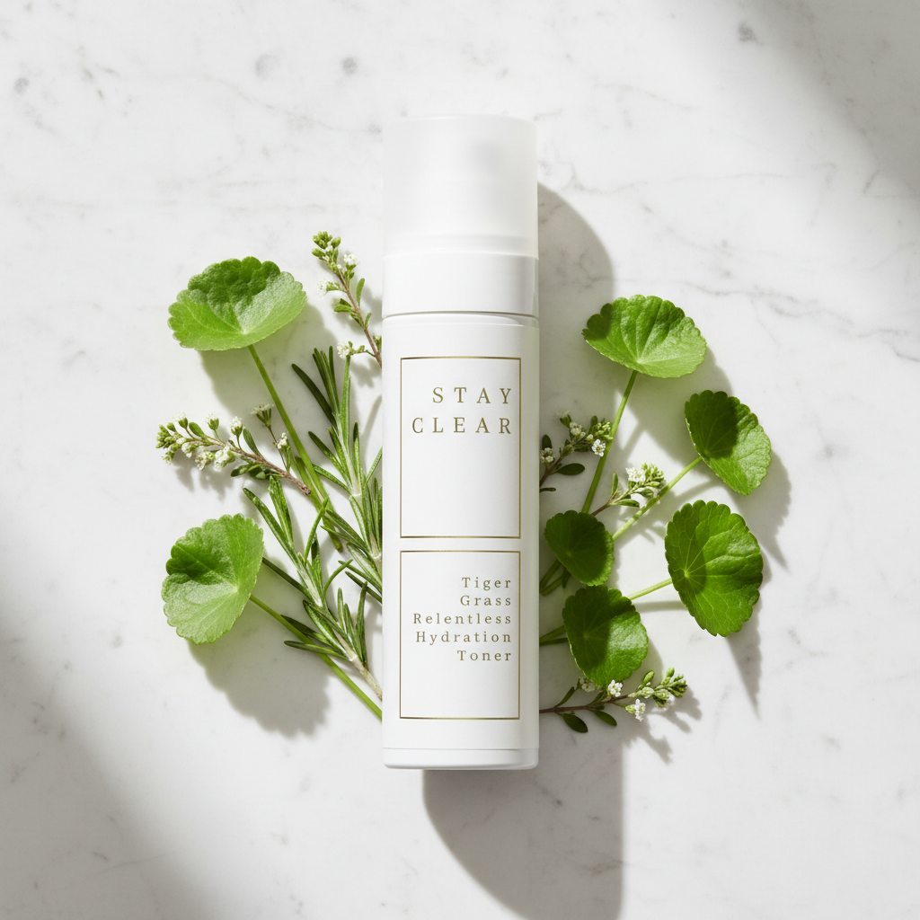 Stay Clear Beauty Tiger Grass Relentless Hydration Toner bottle surrounded by fresh tiger grass leaves and botanicals on a marble surface