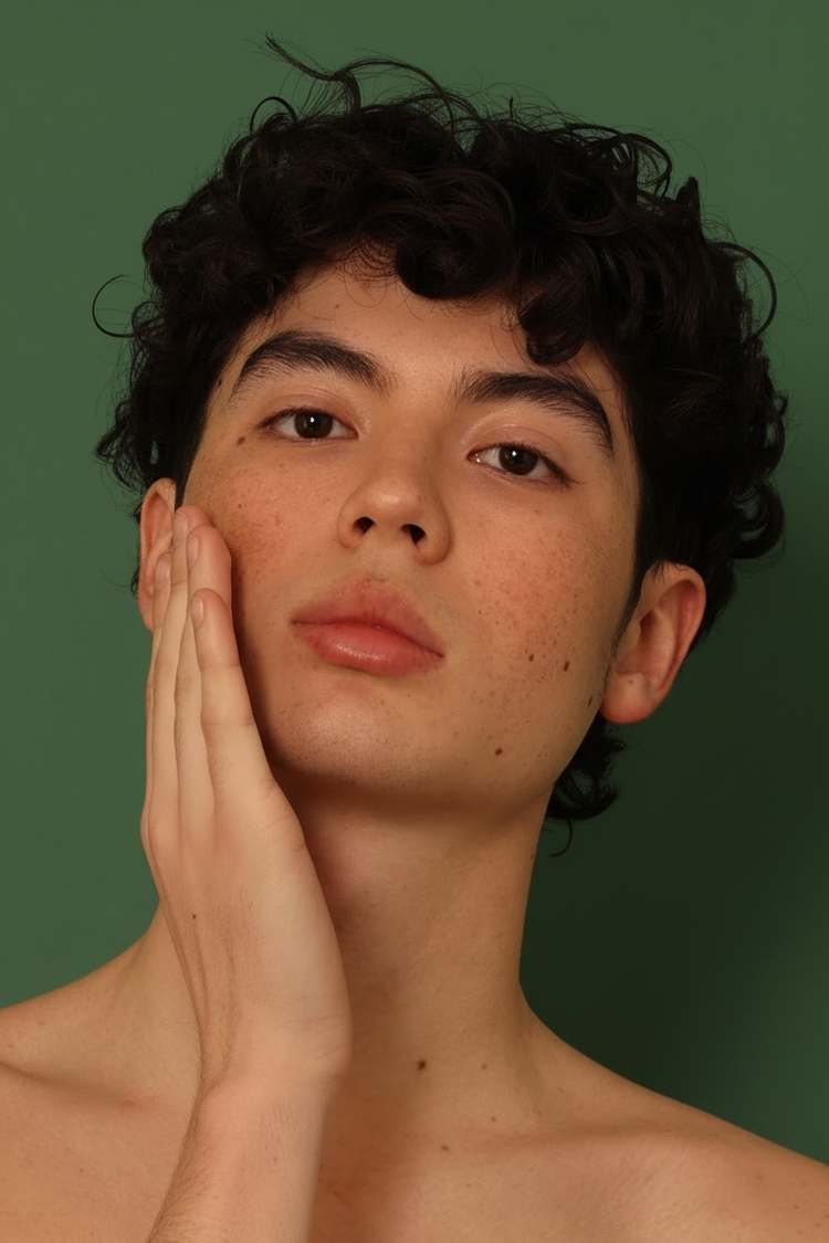 Young man with clear, hydrated skin touching his face against a green background, showing results of Stay Clear Beauty Tiger Grass Relentless Hydration Toner